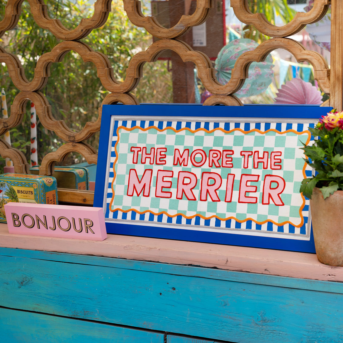 More The Merrier Blue Fabric Framed Sign