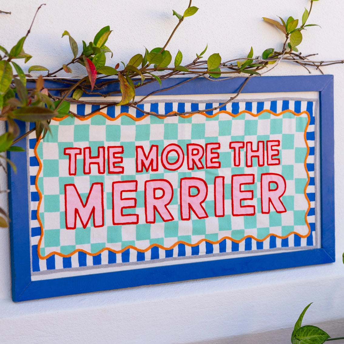 More The Merrier Blue Fabric Framed Sign